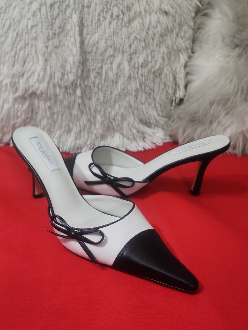 Tony Bianco Shirley White and Black Pointed Toe Bow Mules